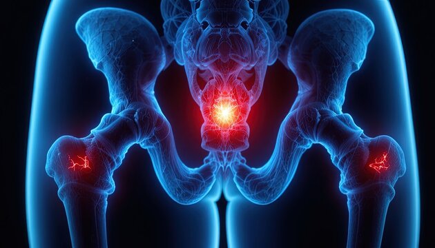 Illustration of Human Pelvis Anatomy with Highlighted Areas of Inflammation and Pain for Medical Visualization