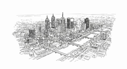 Fototapeta premium A detailed pen-and-ink sketch of a sprawling city skyline with a river