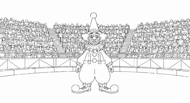 A lone clown stands in a circus ring before a packed audience in tiered seats