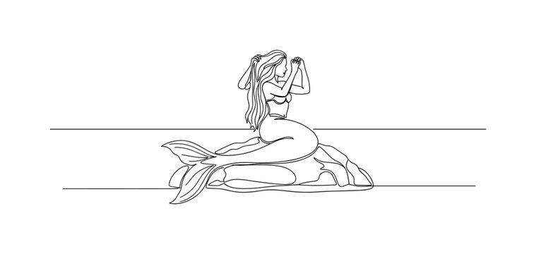 Mermaid at Dusk. Minimalistic one-line drawing mermaid combing hair on rock by ocean horizon, continuous single black line on white background, simple outline