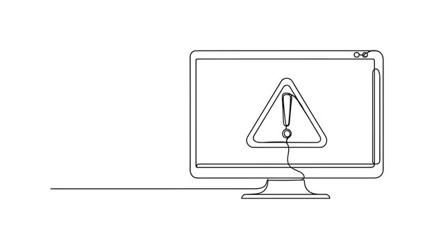 Error Screen. Minimalistic one-line drawing desktop screen with exclamation mark in triangle, continuous single black line on white background, simple outline