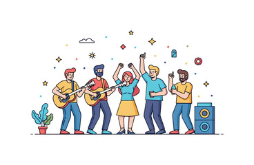 Fototapeta premium Group of friends festival concept where friends enjoy music and dance together while tiny sparkle and star icons highlight celebration, joy, and communal