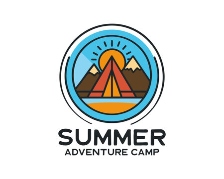 Summer Adventure Camp Logo With Tent, Mountains and Sun Emblem for Outdoor Programs. Ai Generated Vector