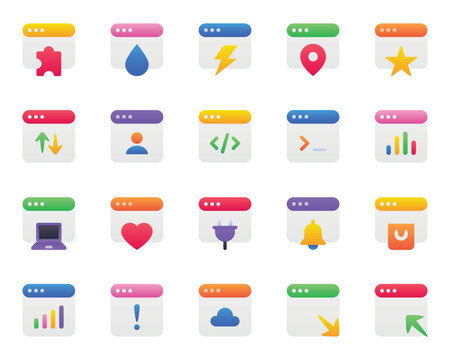 Gradient color icons set for Webpages, websites, browser, window