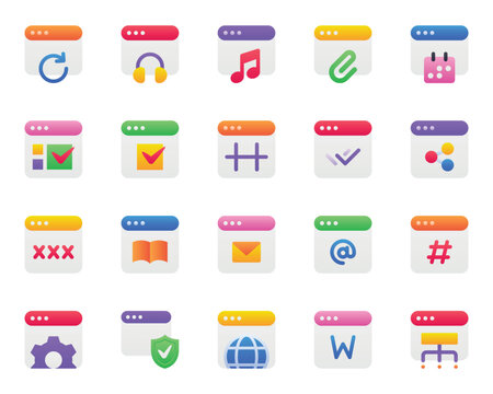 Gradient color icons set for Webpages, websites, browser, window