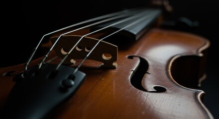Fototapeta premium Close up of a classical stringed instrument with four strings bridge and f hole details