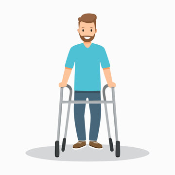 Smiling man using a walking frame for support during recovery in illustration