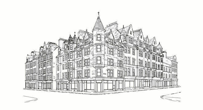 Detailed sketch of a row of old European buildings with varied roofs and windows