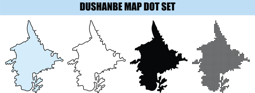 Dushanbe map dot set showing city outline in various styles isolated on white background