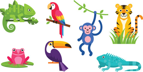 Obraz premium Colorful Jungle Animals Set with Chameleon, Parrot, Monkey, Tiger, Frog, and Toucan for Kids Nature Illustrations