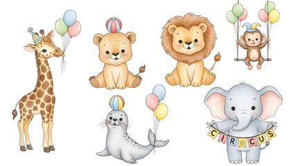 Fototapeta premium Cute circus animals set, watercolor illustrations for nursery. Baby giraffe, lion, elephant, seal and monkey with balloons and garlands. Hand drawn circus clipart collection isolated on white.