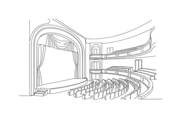 Fototapeta premium Vintage Theater Interior. Minimalistic one-line drawing old theater hall with stage and seating rows, continuous single black line on white background, simple