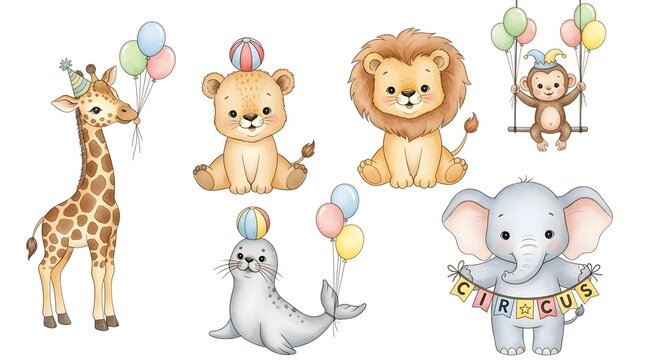 Cute circus animals set, watercolor illustrations for nursery. Baby giraffe, lion, elephant, seal and monkey with balloons and garlands. Hand drawn circus clipart collection isolated on white.