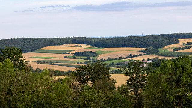 Patchwork agricultural landscape in Jagst valley near M&ouml;ckm&uuml;hl Germany