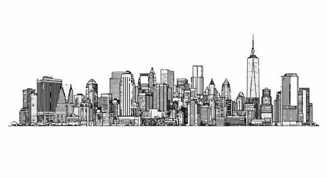 A monochrome ink sketch depicts a dense, sprawling city skyline with varied skyscraper heights