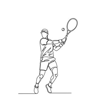 Tennis Backhand. Minimalistic one-line drawing player hitting backhand stroke, continuous single black line on white background, simple outline style, no