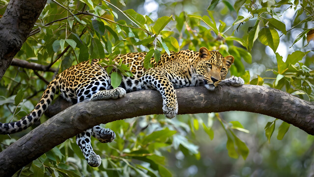 Leopard resting on tree branch camouflage blending with leaves sharp focus wildlife photography style