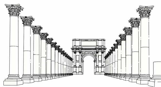 An imposing architectural scene with a grand archway flanked by rows of ornate columns