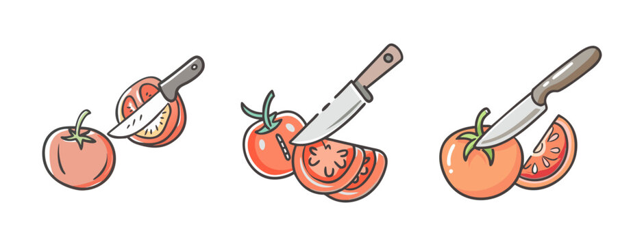 Fresh red tomatoes being sliced with a sharp kitchen knife, vector illustration