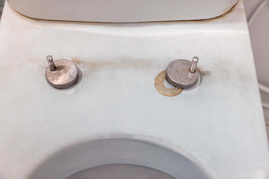 Toilet seat hinge rubber plug and screws is damage.