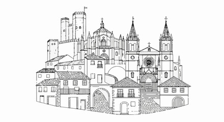 Naklejka premium Sketch of a medieval town with a castle and cathedral