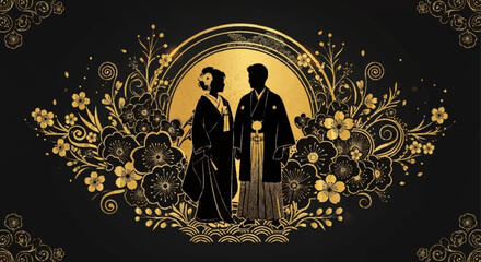 Alevidhanu couple stands amidst floral arrangements in golden hues at a ceremony © dhanu