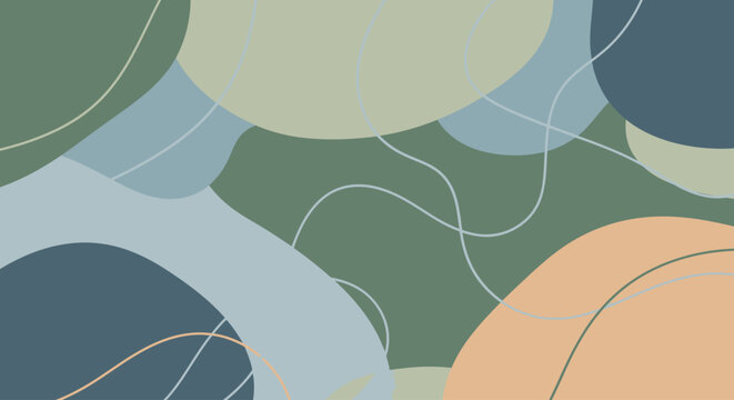Vibrant abstract background featuring overlapping colorful shapes and swirling lines in a mix of muted earthy tones and pastel hues.