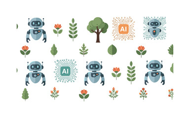 Fototapeta premium sustainable AI motifs seamless pattern, repeating pattern, surface design, textile print, modern illustration of robots, AI circuits, trees, leaves, flowers,