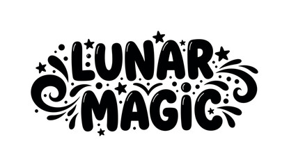 Obraz premium Lunar Magic. lettering and all elements in black. Vector style. AWhite background. Pure white background. Perfect isolation and visual consistency. Funky
