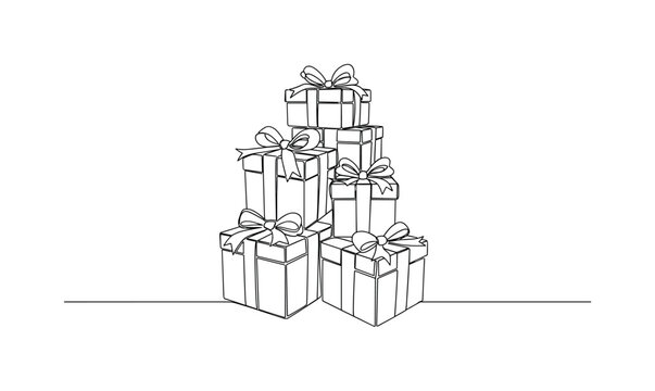 Gift Box Stack. Minimalistic one-line drawing several wrapped gift boxes with bows, continuous single black line on white background, simple outline style, no