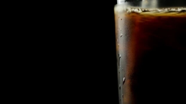 An ice cube is added to an alcoholic drink on a black background, space for text