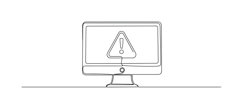 Screen with Error Message. Minimalistic one-line drawing computer monitor displaying alert symbol and error message, continuous single black line on white