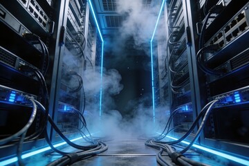 Fototapeta premium Server room racks with glowing blue lights cables and digital smoke effect