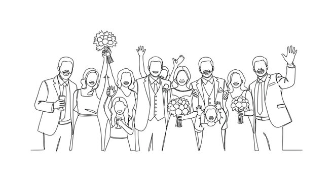 Wedding Party. Minimalistic one-line drawing group of family members celebrating with smiles and hand gestures, continuous single black line on white