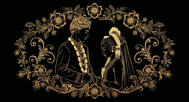 Elegant alevidhanu couple in traditional attire surrounded by ornate floral patterns