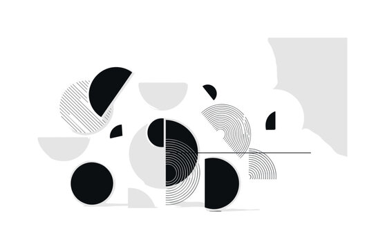 round geometric circles semicircles thin lines and abstract blocks realistic black and white circular objects arranged in minimalistic composition with white