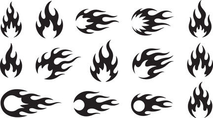 Obraz premium Set of Black Fire Flame Icons, Tribal Blaze Silhouettes, and Hot Burn Vector Graphics on White Background