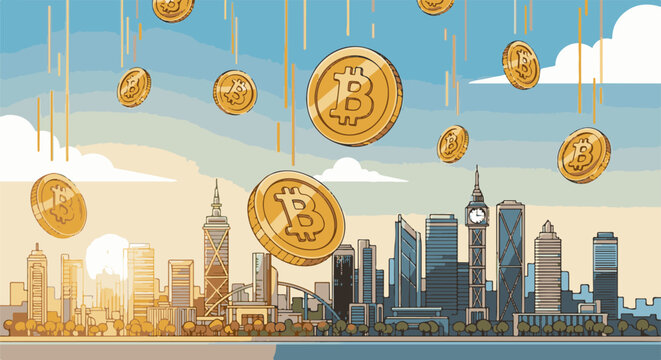 Golden coins with a distinct 'B' symbol fall from the sky over a city skyline