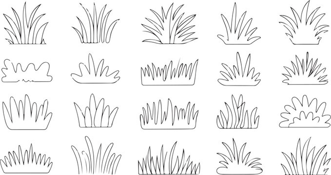 Vector wind field scene icon group meadow horizon prairie bending grass Silhouette Set of Various Grass and Reed Plants set and vector design on transparent background.