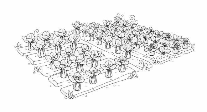 An overhead sketch of a garden bed with rows of flowering plants
