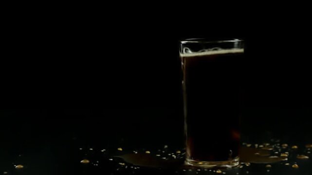Two ice cubes are dropped into a glass of soda on a black background