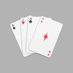 Obraz premium Four suits of aces playing cards including spades, hearts, clubs and diamonds fanned out. Vector illustration