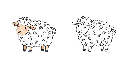 Obraz premium Set of cute cartoon sheep illustrations with colored and outline versions, hand-drawn lamb vector for kids' coloring book, educational farm animal doodle for craft projects and design.