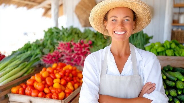 Confident female farmer at vibrant farmers market stall showcasing fresh vegetables and fruits in rustic crates, embodying farm to table ethos and local agriculture spirit