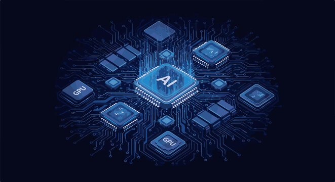 Central AI chip surrounded by GPUs and other components on a circuit board