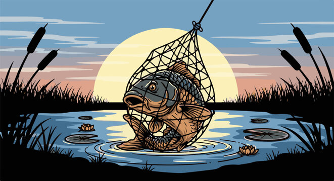 Carp caught in net at sunset, surrounded by reeds and lily pads