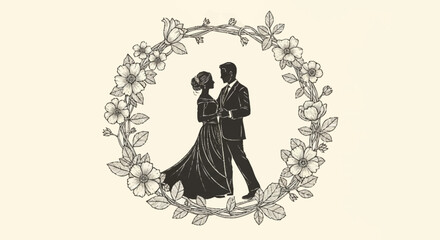 Silhouette of a romantic couple dancing within a floral wreath frame. © dhanu