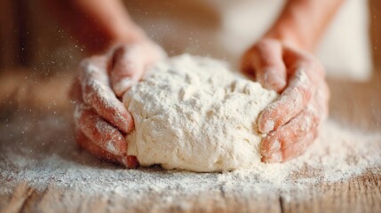 Fototapeta premium Hands kneading dough on a rustic wooden surface, flour particles dancing in the air, highlighting the artisan craft of baking and the inviting texture of the dough