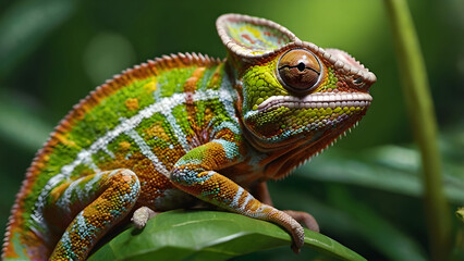 Fototapeta premium chameleon on leaf color blending with environment sharp focus on eyes