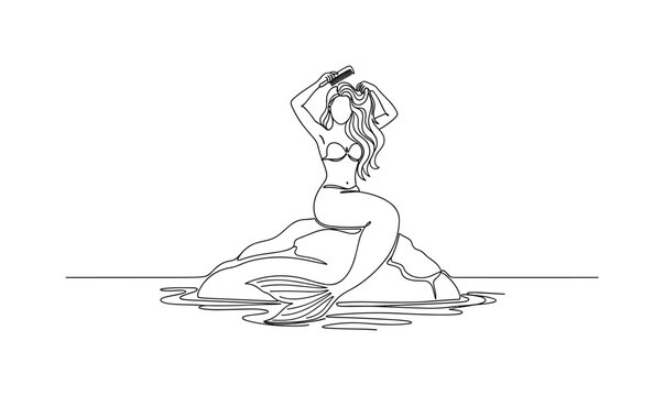 Mermaid Tranquility. Minimalistic one-line drawing mermaid combing hair on rock with calm sea around, continuous single black line on white background, simple